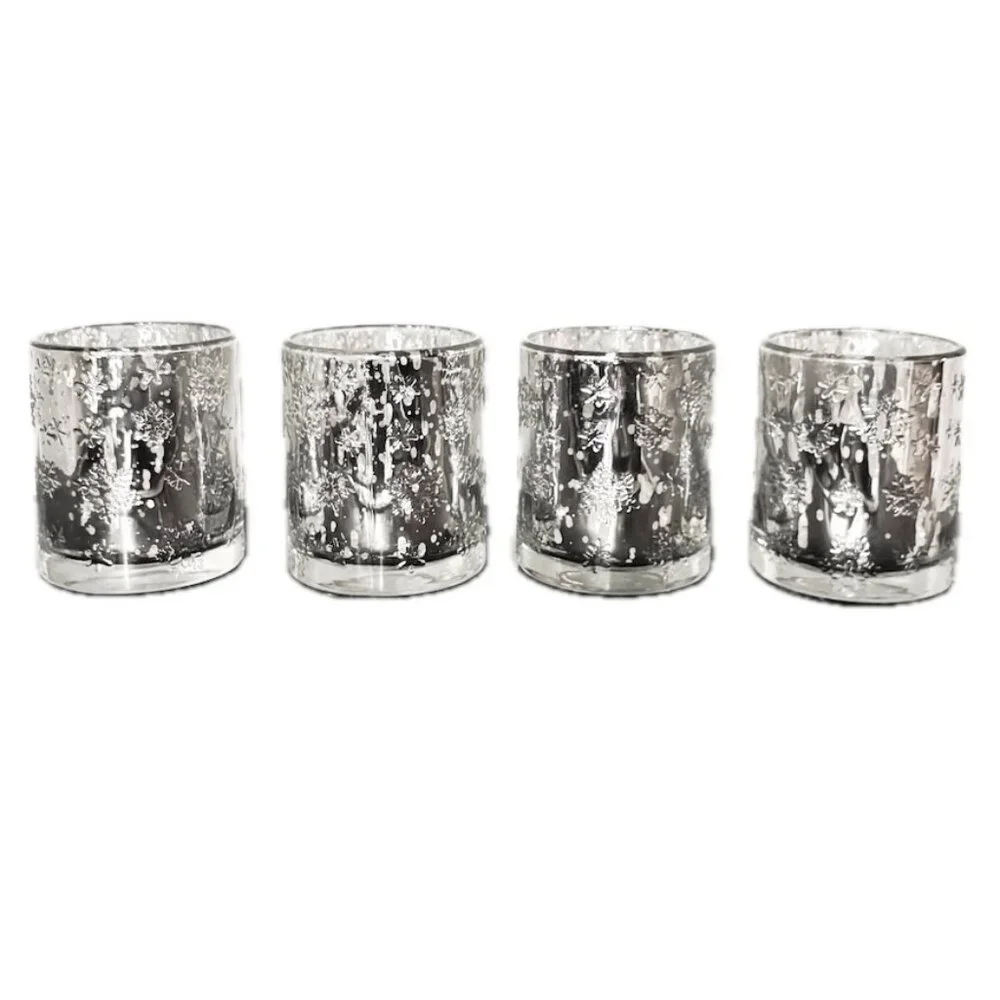 4 Mercury Glass Candle Holders Holiday Decor Embossed Snowflakes  New